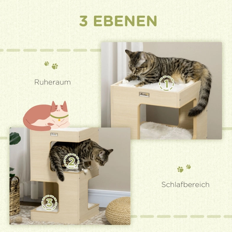 Tana per gatti a 3 livelli con due rifugi; cuccia superiore; cuscini lavabili e gioco con topo 34 × 34 × 60 cm