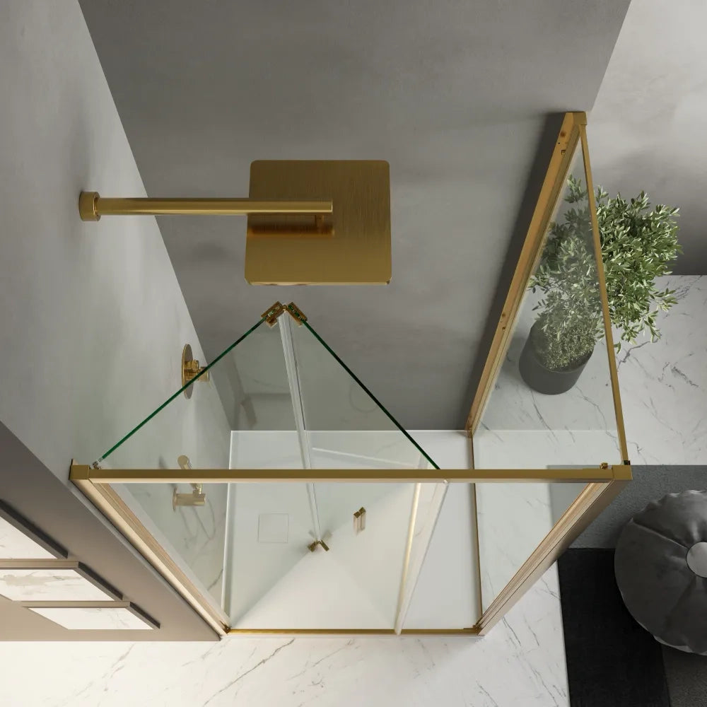 Box doccia slim 75x90cm con porta a libro e parete fissa profili oro spazzolato e vetro 6mm trasparente anticalcare h190| Portofino