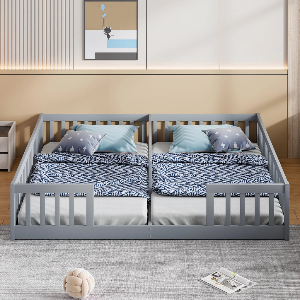 Letto a pavimento per bambini con due superfici 90 × 200 cm; barriera di protezione; legno e MDF grigio