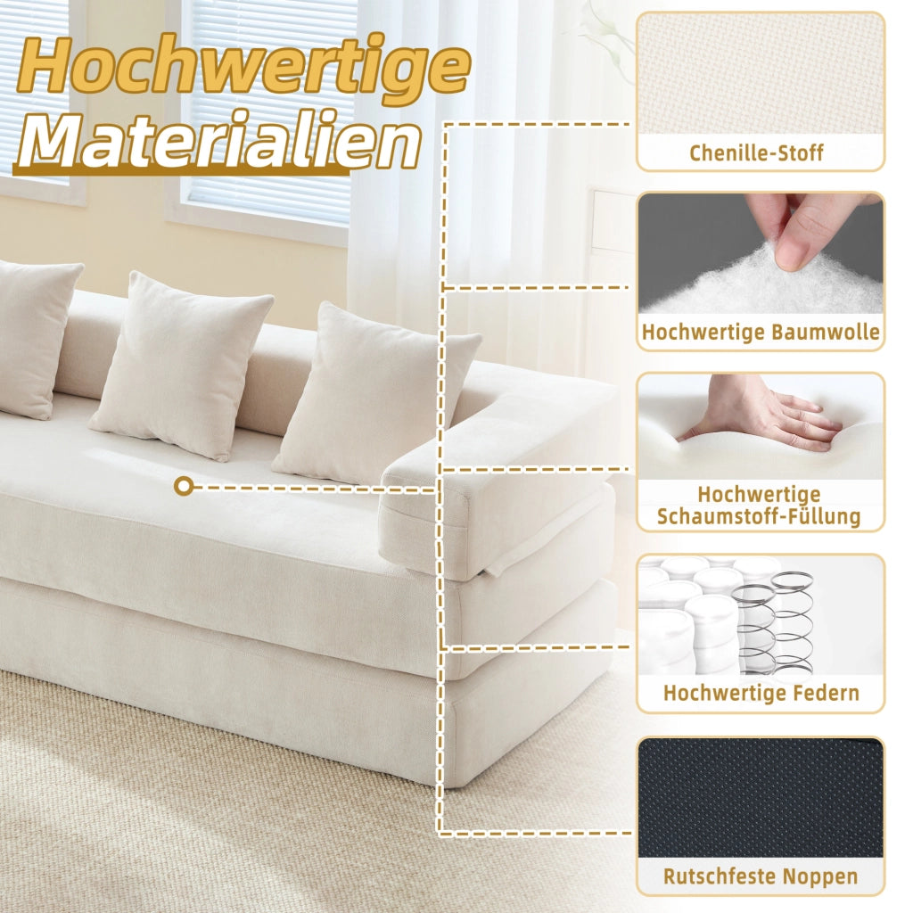 Divano modulare in chenille con tasche laterali e base antiscivolo, 198x79x60 cm, colore soffice