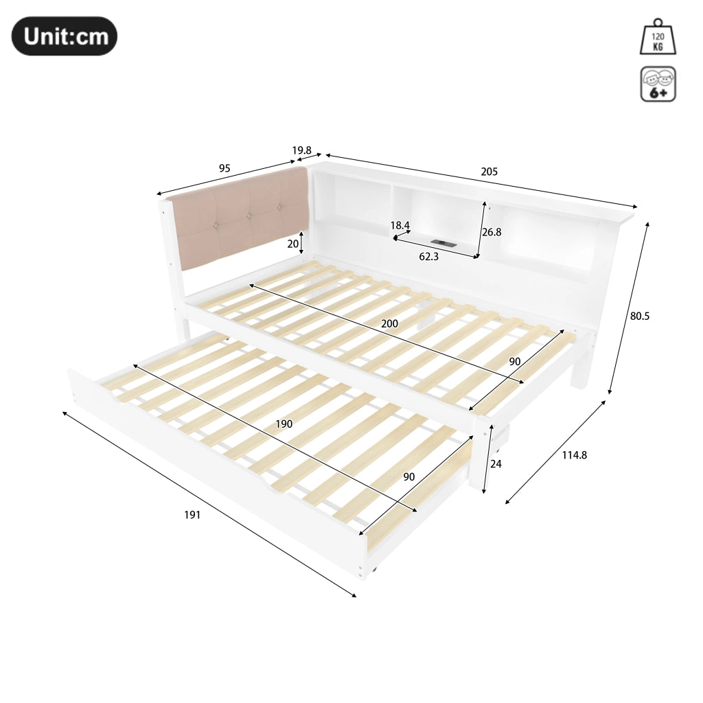 Letto singolo 90 × 200 cm con letto estraibile legno bianco ripiani laterali USB e luce LED dimmerabile