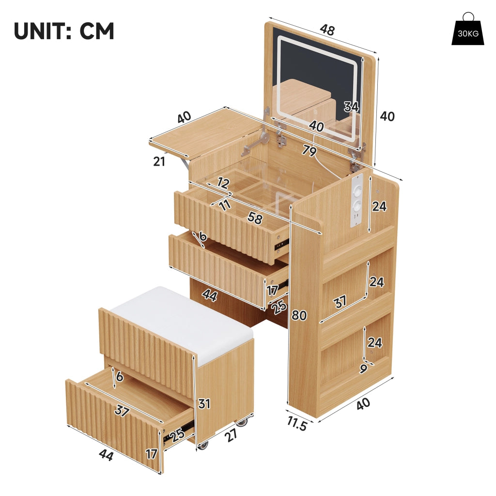 Toeletta con 3 cassetti; specchio LED e prese USB e Type C - per camera da letto