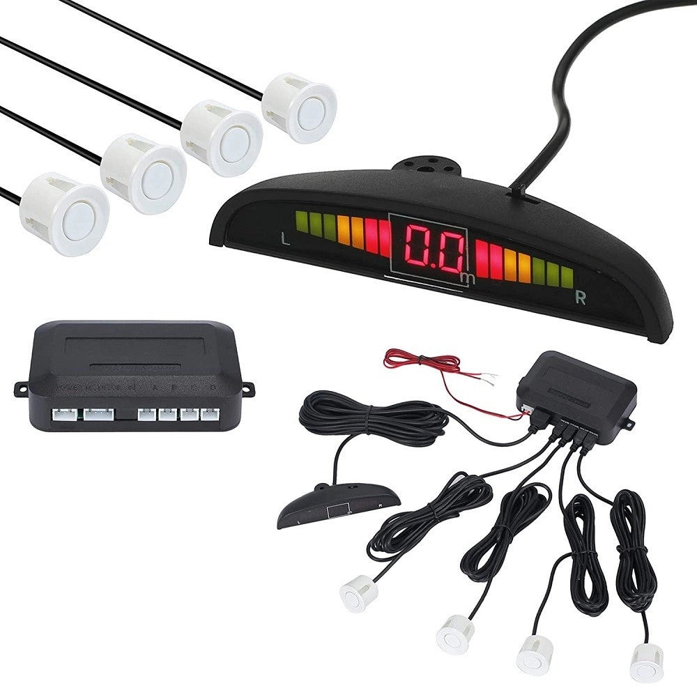 Trade Shop - Kit 4 Sensori Parcheggio Per Auto Retromarcia Posteriori Bianchi Con Led Display -