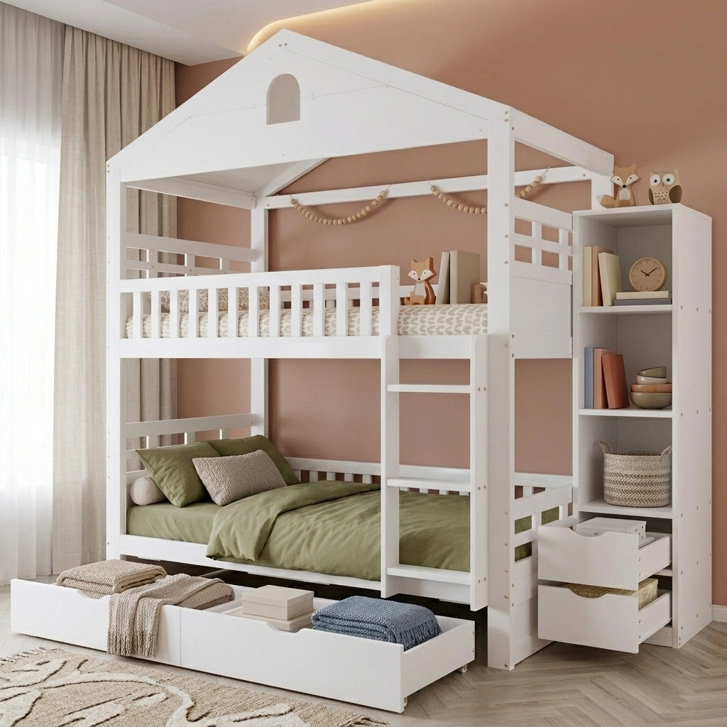 Letto a castello per bambini 90 × 200 cm a casetta bianco con scala due cassetti armadio laterale e protezioni