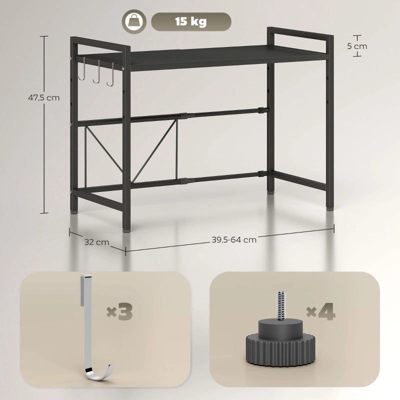 Ripiano espandibile per microonde, supporto per microonde con 3 ganci, ripiano da cucina, supporto in metallo per microonde, nero