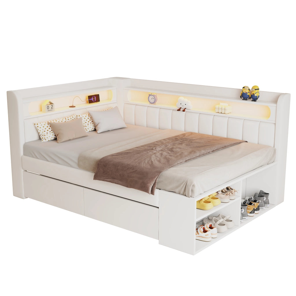 Divano letto imbottito 90x200 cm con LED; USB; due cassetti e scarpiera; bianco