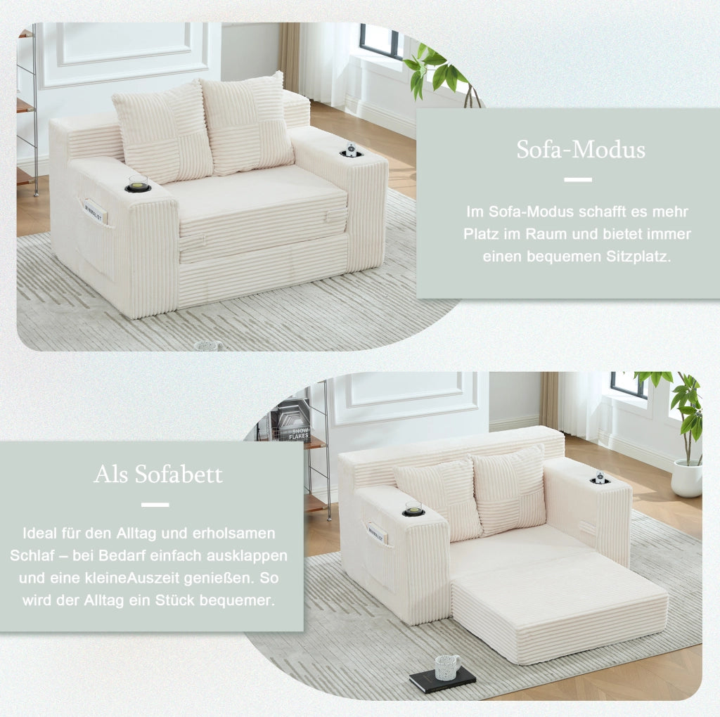 DIVANO Pouf in Velluto a Coste Beige 151x133x64 cm con 2 Cuscini