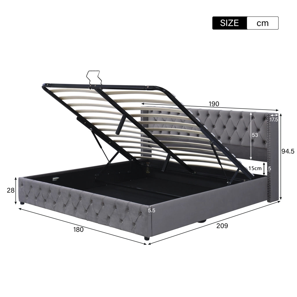 Letto matrimoniale contenitore 180 × 200 cm in velluto grigio con sollevamento idraulico, senza materasso