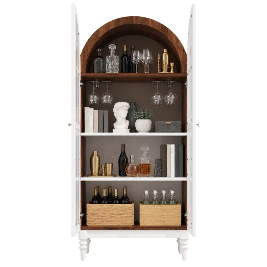 Vetrina ad arco 165 cm con ante doppie in vetro scanalato, 3 ripiani, MDF e metallo, finiture noce e bianco