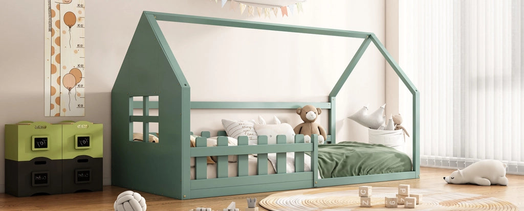 Letto per bambini a forma di casetta 90x200 cm in legno di pino e MDF, colore verde