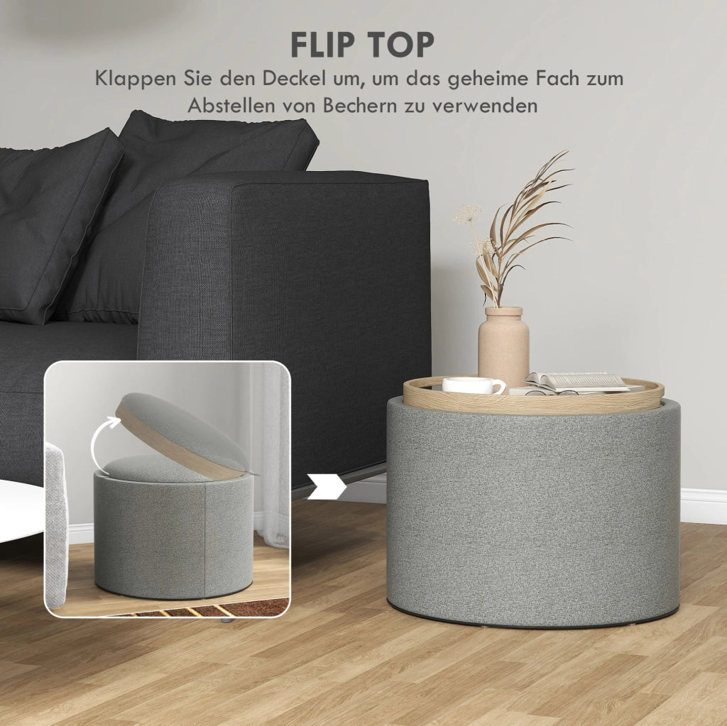 Pouf rotondo con contenitore e coperchio pieghevole in tessuto effetto lino grigio Ø56 x 42 cm