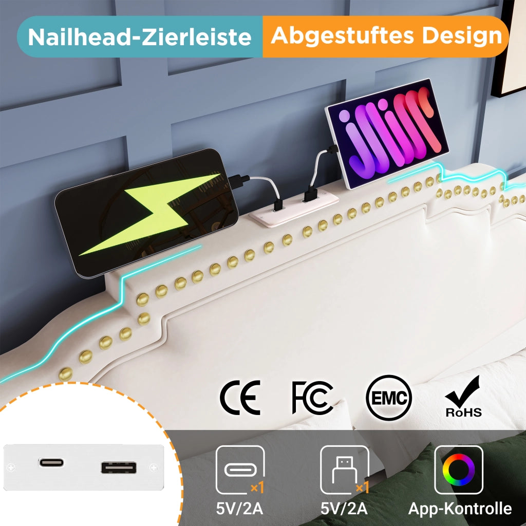 Letto matrimoniale 160 × 200 cm con quattro cassetti LED USB e USB-C in velluto beige con rete a doghe