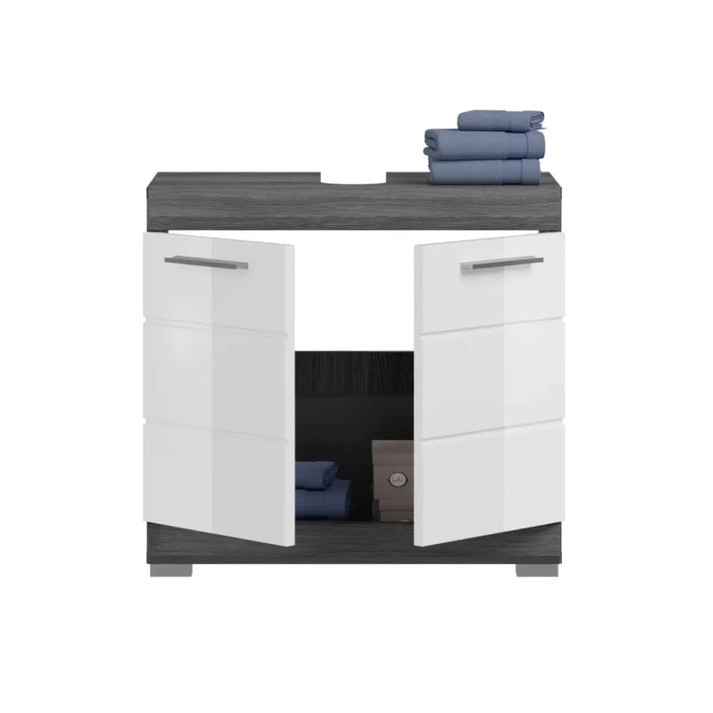 Set bagno SCOTT – Mobile sotto lavabo e mobiletto di storage con specchio – Grigio scuro e bianco
