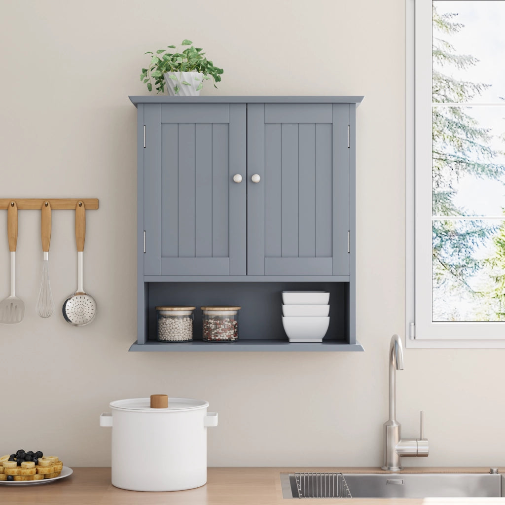 Armadietto Bagno da Muro in MDF Grigio Chiaro con 2 Ante e Ripiani Regolabili 54.6x19.8x60 cm