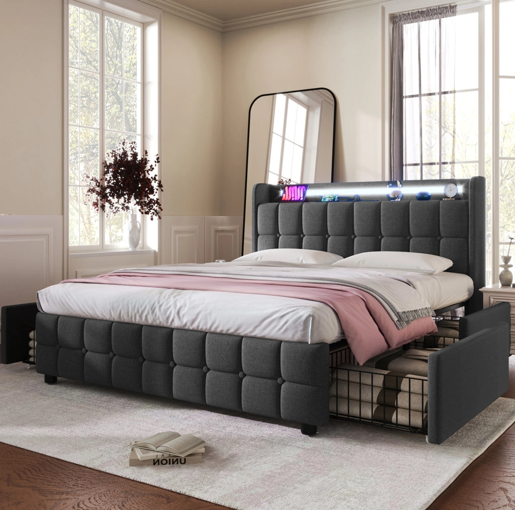 Letto matrimoniale 140x200 cm con LED, prese USB e 4 cassetti