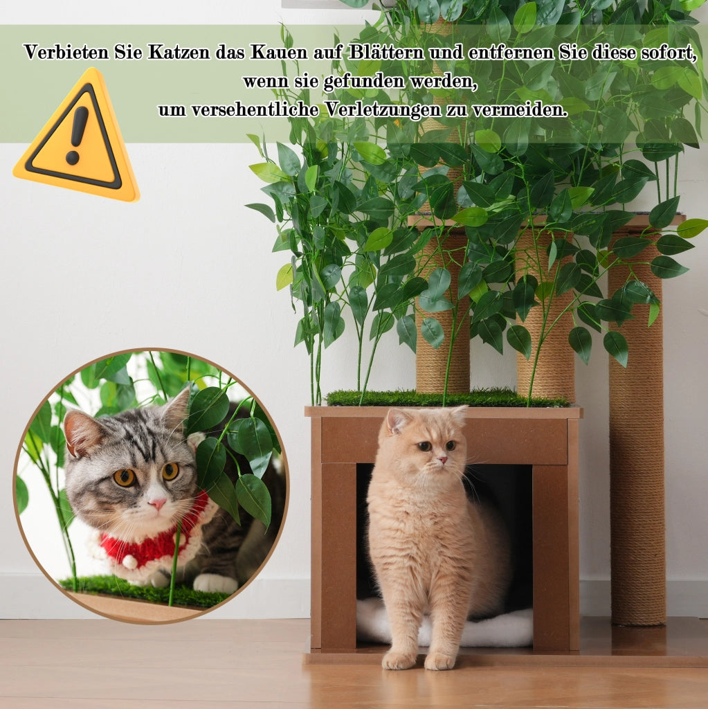 Tiragraffi per gatti ad albero con 3 piattaforme; cuccia e foglie rimovibili; 60×45×158 cm; MDF verde
