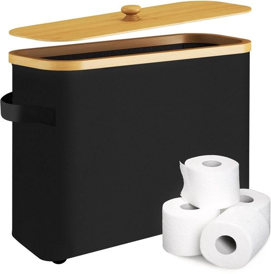 Organizzatore per il bagno per 12 rotoli di carta igienica con coperchio in bambù e legno.
