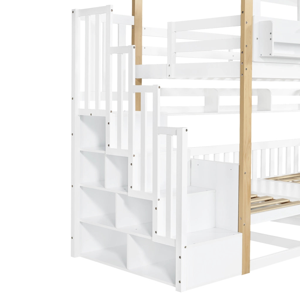 Letto a castello con scrivania regolabile in altezza, scala portaoggetti stabile, legno di pino e MDF, 90x200 cm bianco e naturale