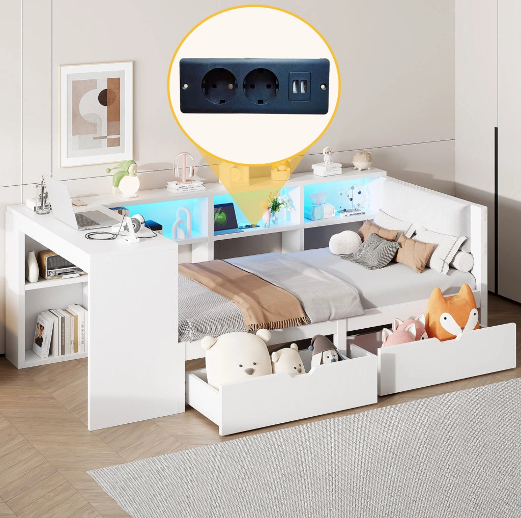 Letto piattaforma 90 x 200 cm con cassetti, prese USB e LED