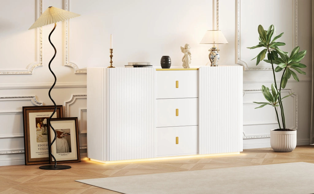 Sideboard Bianco 150x35x80 cm con Illuminazione LED, 2 Ante e 2 Cassetti