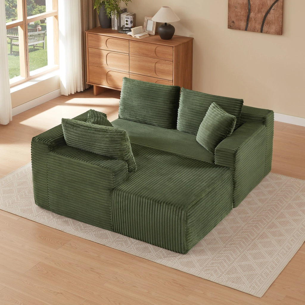 Divano modulare con chaise longue e cuscini rimovibili, in tessuto verde
