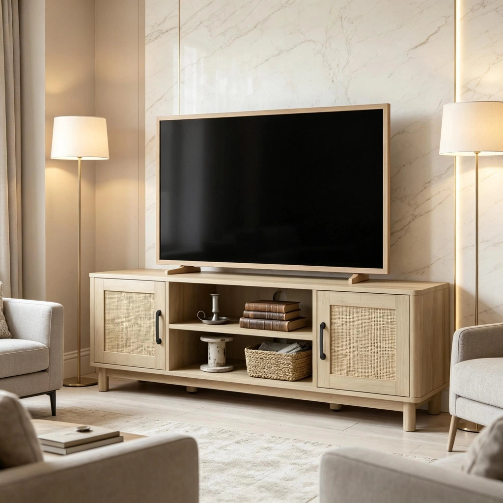 Mobile porta TV in rovere con ante doppie e vani aperti