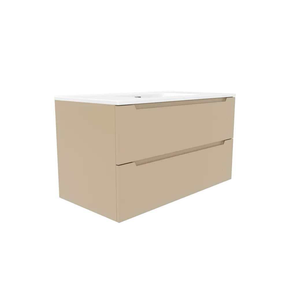 Mobile bagno sospeso 100cm sabbia opaco due cassetti soft-close con lavabo bianco lucido | Bako