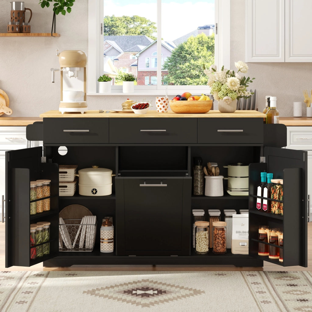 Mobile da cucina con 3 cassetti; vano pattumiera e presa con 2 AC e 2 USB in MDF nero e naturale