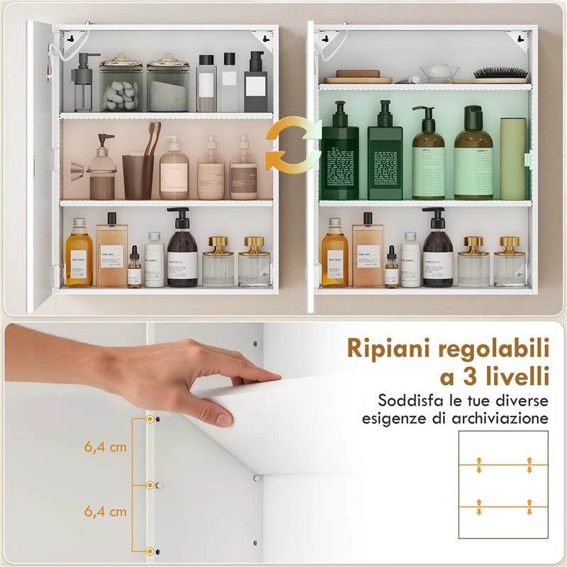 ARMADIETTO BAGNO CON SPECCHIO, LUCE LED REGOLABILE E SISTEMA ANTIAPPANNAMENTO, 50X15X60 CM, BIANCO
