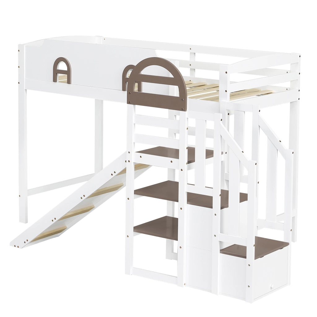 Letto a castello per bambini 90 × 200 cm 2 posti con scivolo, scala con 2 vani e finestre, senza materasso, bianco