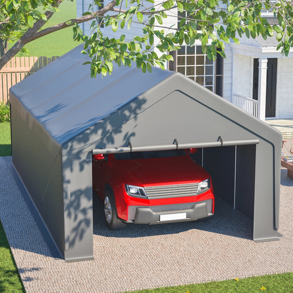 Carport 13'×25' in metallo grigio con telaio in acciaio zincato, pareti laterali rimovibili e finestre arrotolabili