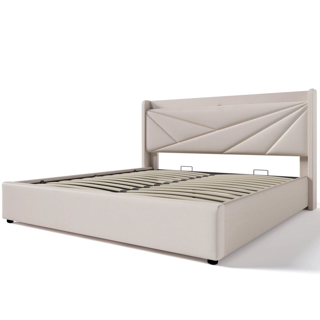 Letto matrimoniale contenitore 140x200 in cotone lino con USB-C, testiera geometrica e materasso