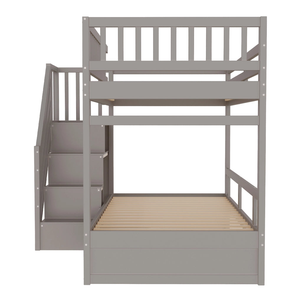 Letto a castello 90x200 cm in pino, compensato e MDF grigio con scale contenitore