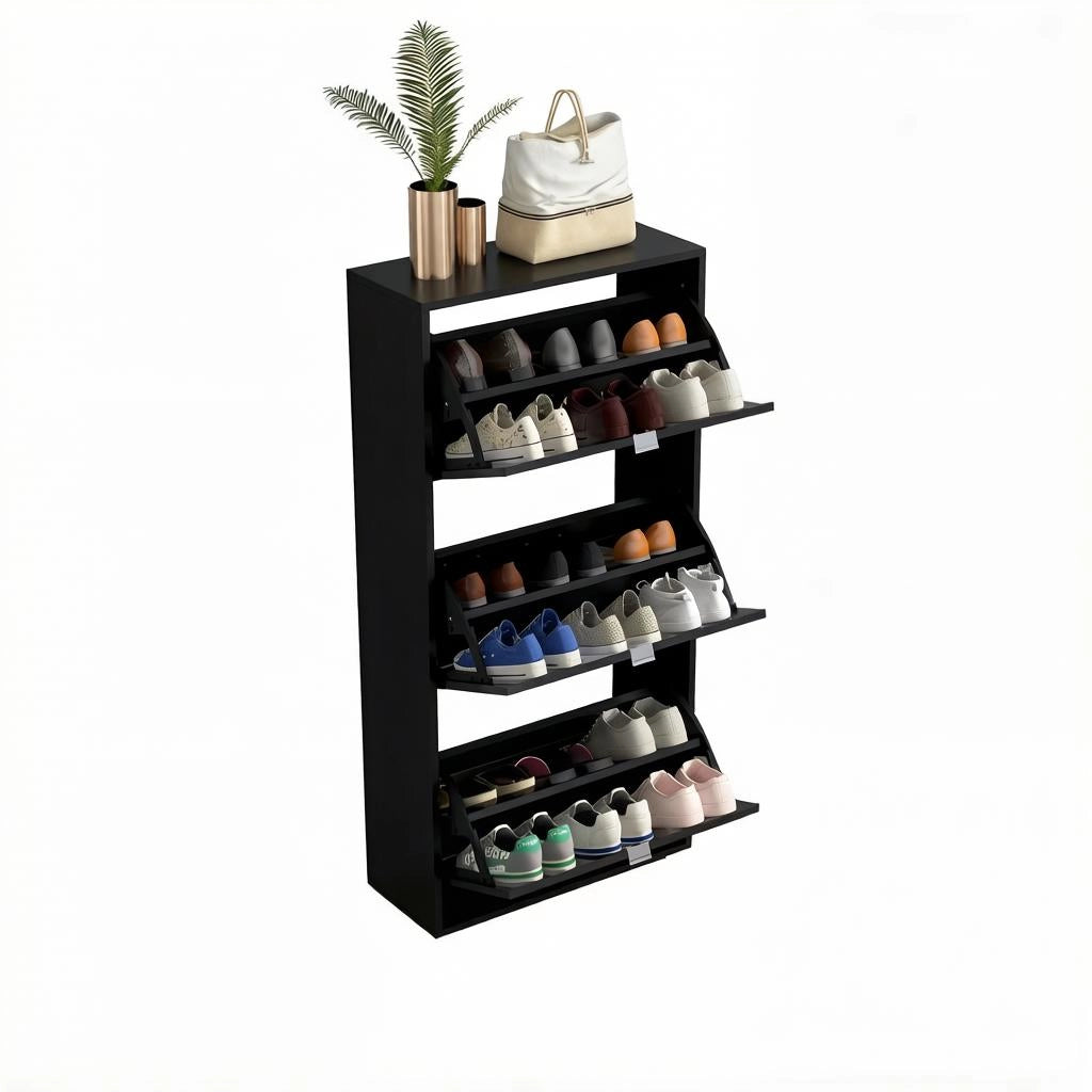 Scarpiera con 3 ante a ribalta e divisori regolabili, vassoio superiore, per ingresso, in MDF nero, 60 × 26 × 124 cm