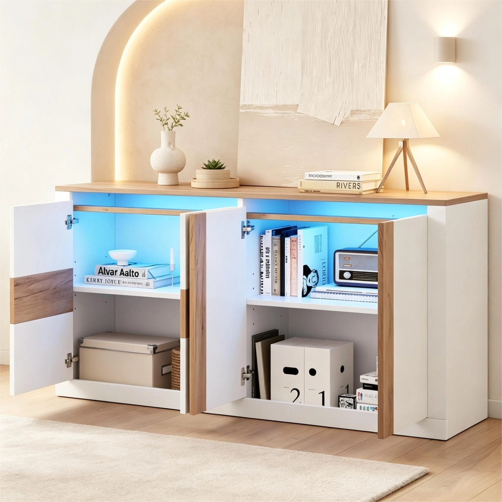 Credenza Bianca Lucida 140 cm con LED RGB; Mobile Soggiorno 4 Ante in MDF; Finitura Rovere
