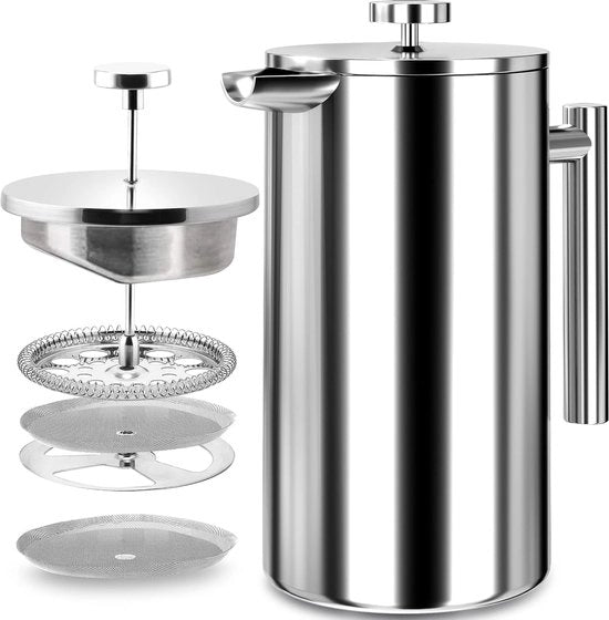 Caffettiera a Stampa 20 oz - 600 ml (3 tazze) - Caffettiera con filtro in acciaio inossidabile triplo e pareti isolate - Argento