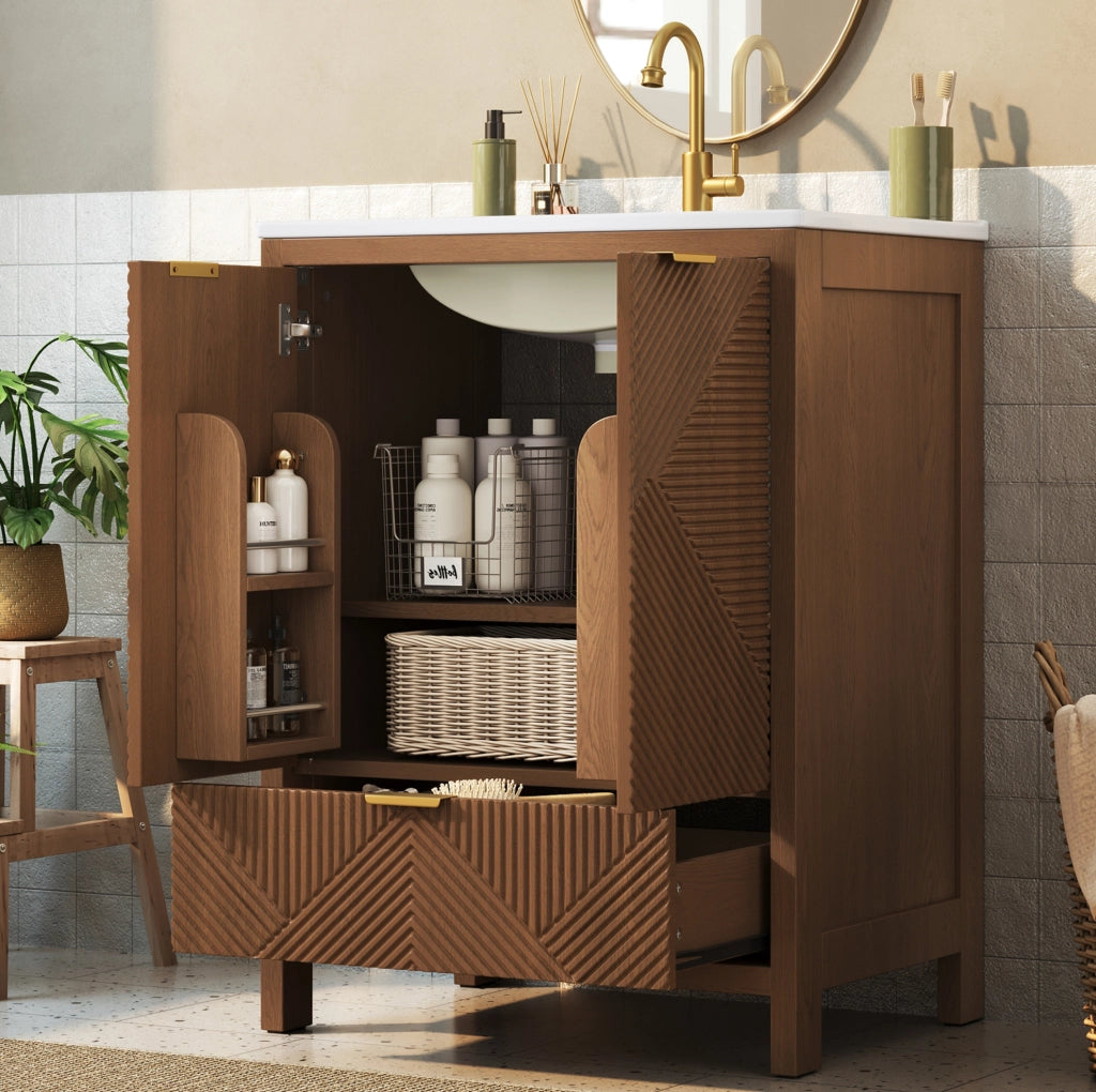 Mobile bagno a pavimento con lavabo in ceramica 61x47 cm; 2 ante e cassetto; noce HOMVRA