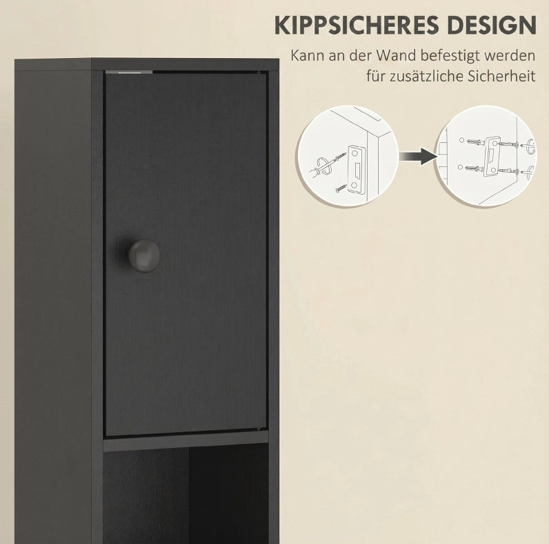 Mobile bagno nero alto e stretto 180x20x20 cm con ripiani regolabili e cinghie anticaduta