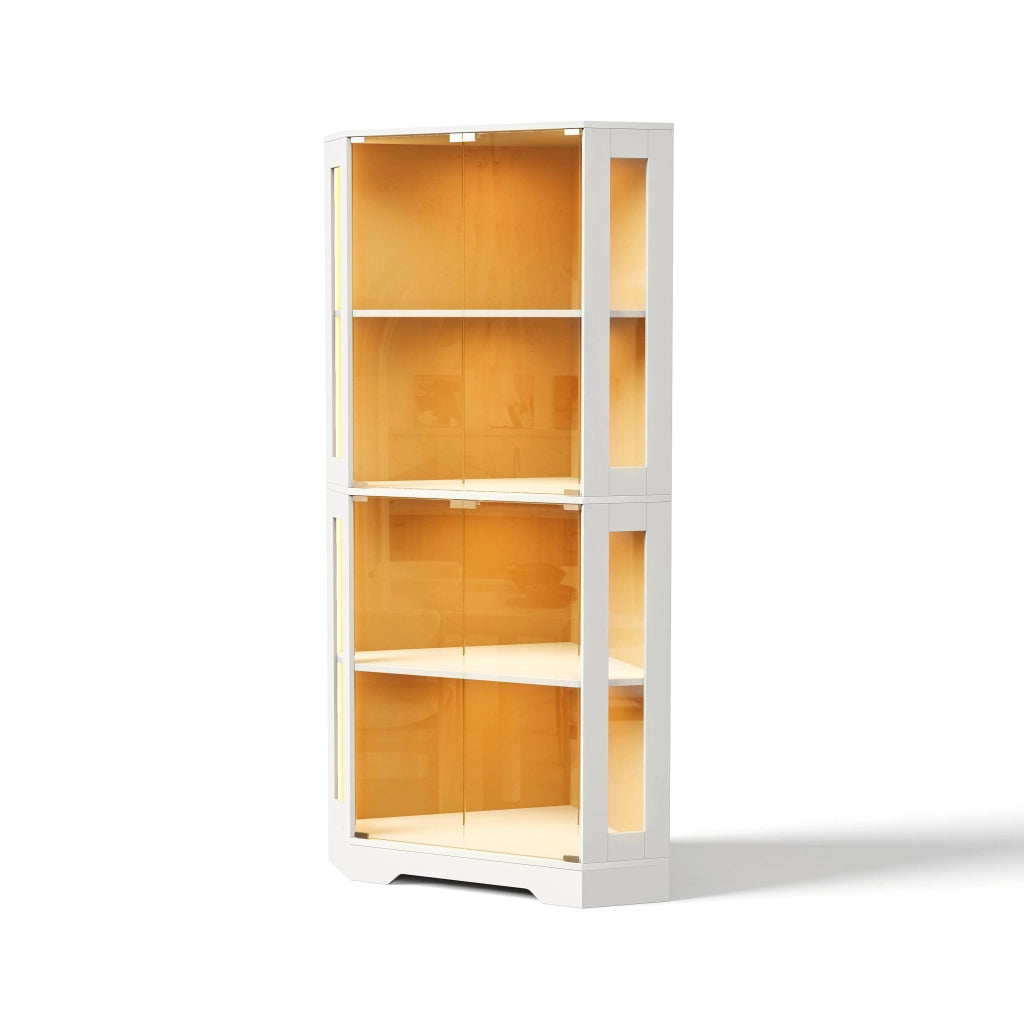 Credenza da cucina alta con LED, 4 ante in vetro e 2 ripiani regolabili, per cucina e sala da pranzo, MDF bianco