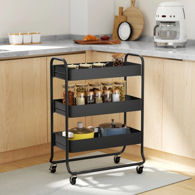 Carrello da cucina a 3 ripiani in metallo nero con 4 ruote di cui 2 bloccabili 64.5 × 34 × 87 cm