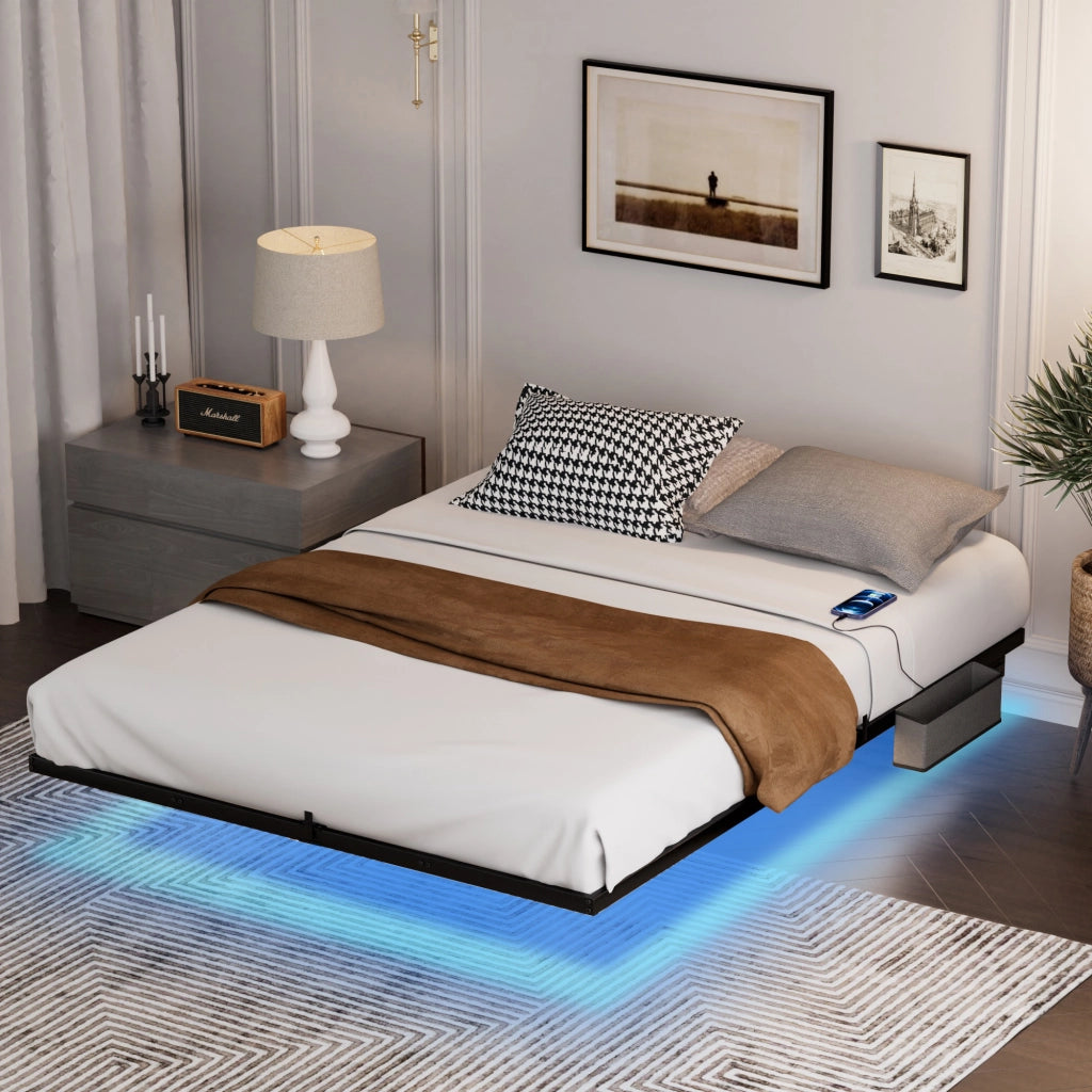 Letto a sospensione con LED - Zephmum - 160x200 cm - Nero - Telaio metallico robusto, facile montaggio