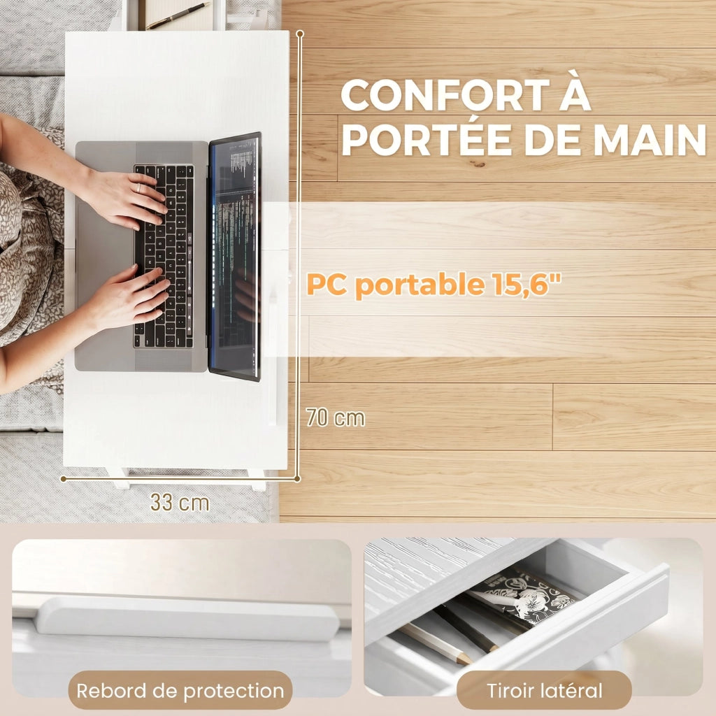 Tavolino da Letto Pieghevole per Laptop in Bambù Vassoio Porta PC Regolabile e Inclinabile con Cassetto Bianco 83,5x33x34cm