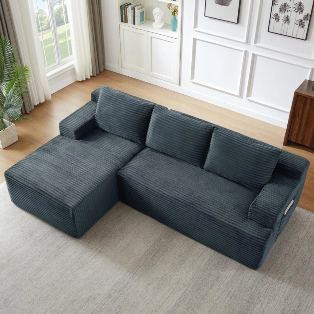 Divano a L, divano senza struttura, divano letto modulare, seduta profonda e confortevole, grigio scuro