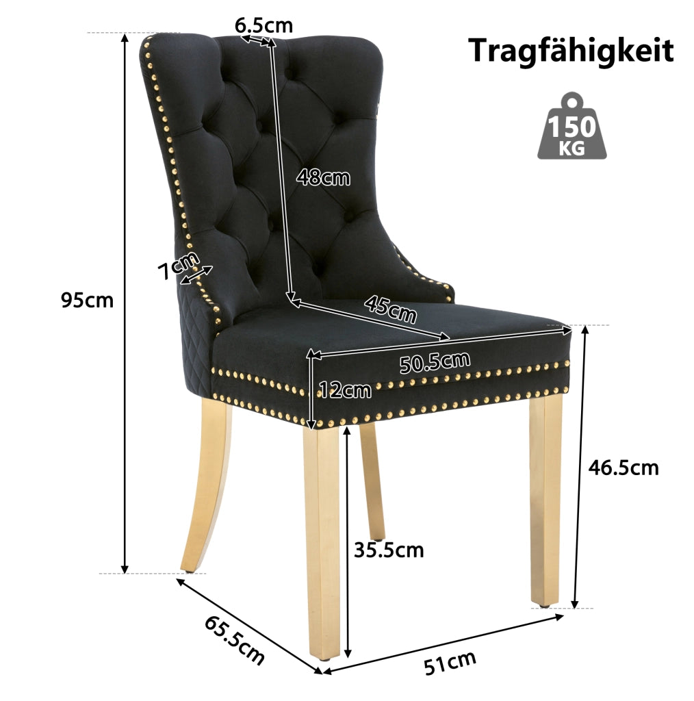 Set di 6 sedie da pranzo in velluto nero con gambe in acciaio inox dorato 50;5x45x95 cm