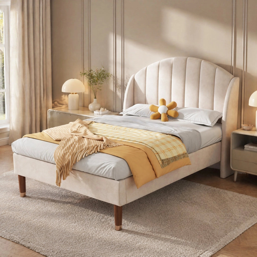 Letto singolo 90 × 200 cm con testiera imbottita rete a doghe in legno e piedi da 20 cm in velluto beige