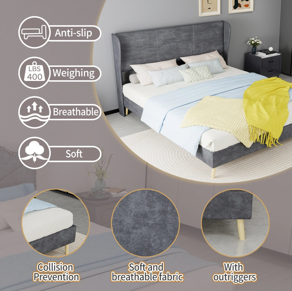 Letto Imbottito Moderno 160x200 cm con Testiera Morbida in Velluto Grigio, Base Bassa Senza Contenitore