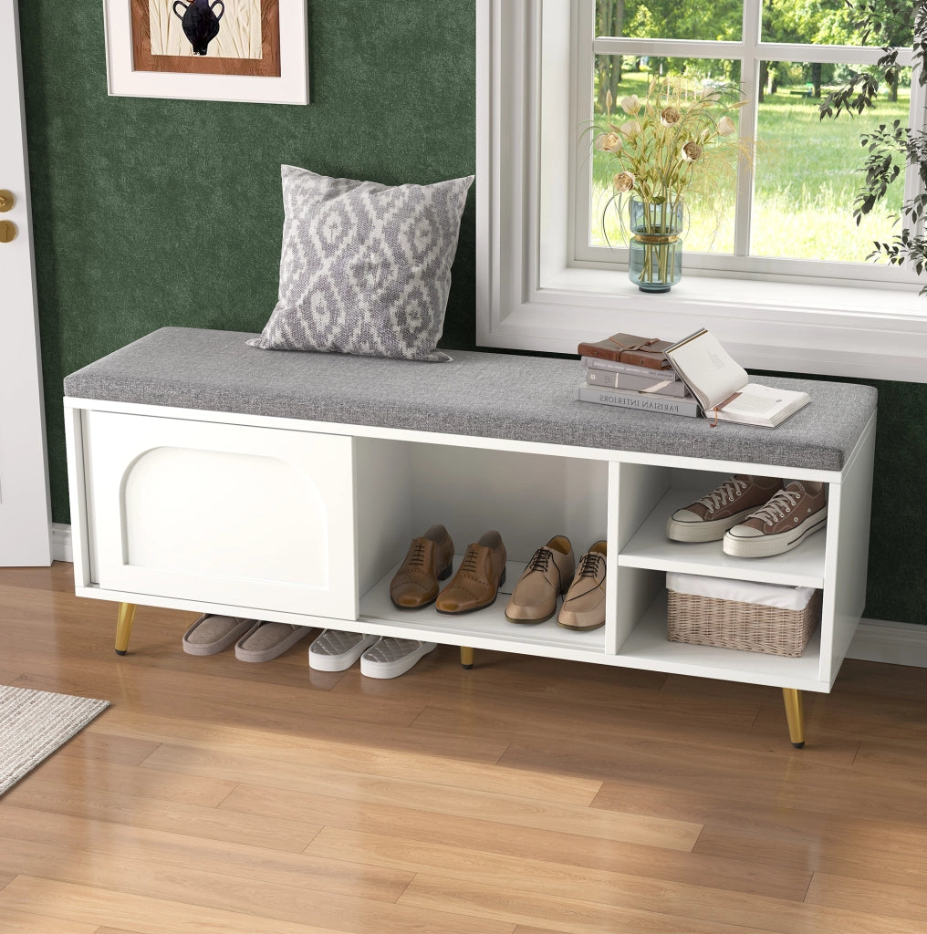 Panca Scarpiera con Cuscino Bianco 121x35x49 cm con Ampio Spazio di Archiviazione e Sicurezza Antiribaltamento