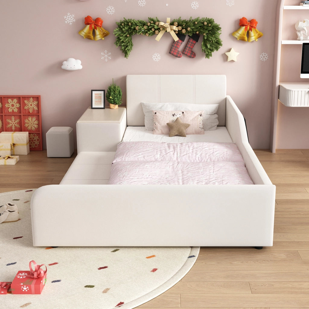 Letto per bambini singolo 90 × 200 cm con scrivania, sgabello e ripiano, senza materasso, in velluto bianco
