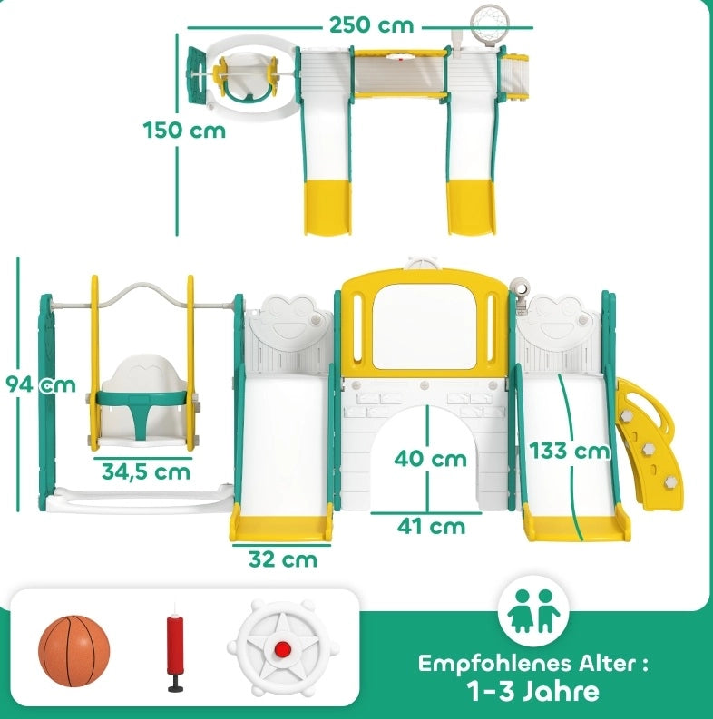 Scivolo e altalena bambini 250x150x94 cm HDPE giallo/verde 9 in 1 stabile -