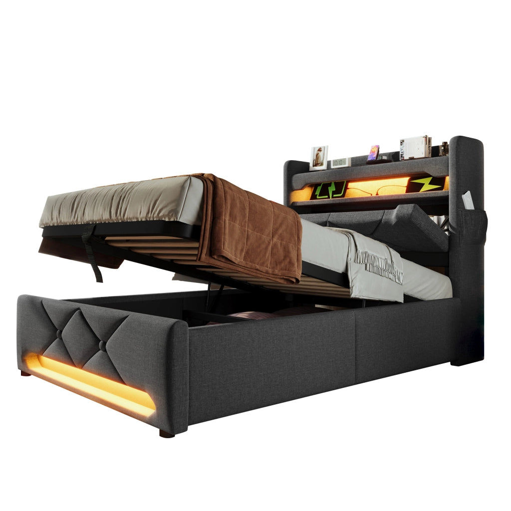 Letto singolo 90x200 cm con contenitore, LED 360¡ã, testiera con USB e Type C, grigio